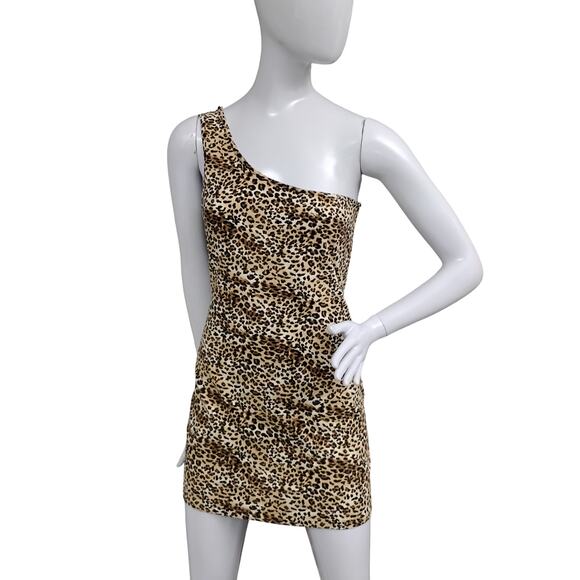 Love Culture Animal Print One Shoulder Mini Dress Size Medium Brown and Black - Picture 4 of 10